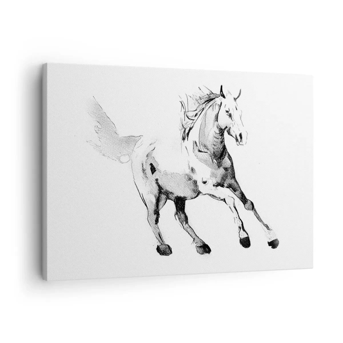 Tablou pe pânză Canvas - Schiță a unui cal în galop în nuanțe de alb și negru - 70x50cm - Suflet neîmblânzit - Decorațiune modernă pentru perete pentru living și dormitor ARTTOR