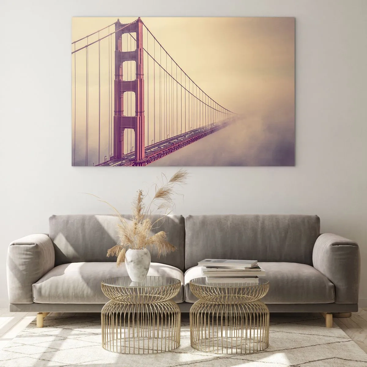 Tablou pe sticlă - Podul Golden Gate din San Francisco într-un peisaj cețos - 70x50cm - Între cer și pământ - Decorațiune modernă pentru perete pentru living și dormitor ARTTOR