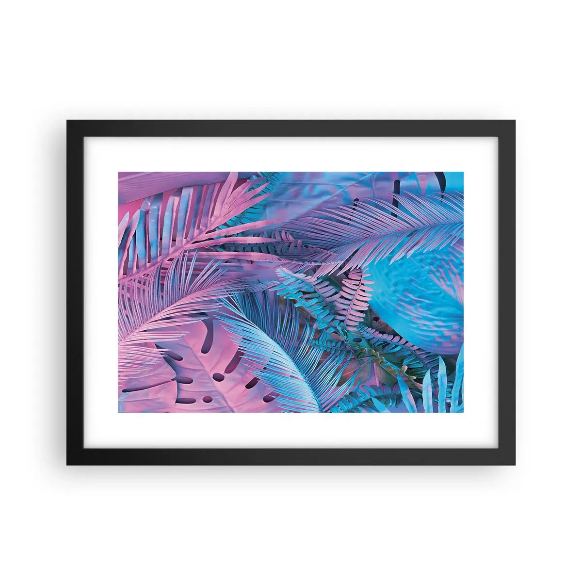 Poster în ramă neagră - Palmieri în alb și albastru - 40x30 cm