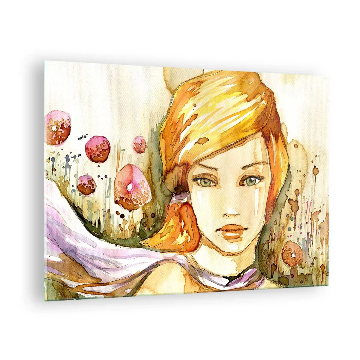 Tablou pe sticlă - Portret de femeie în stil acuarelă cu abstracție - 70x50cm - Privirea de smarald care reduce la tăcere furia - Decorațiune modernă pentru perete pentru living și dormitor ARTTOR