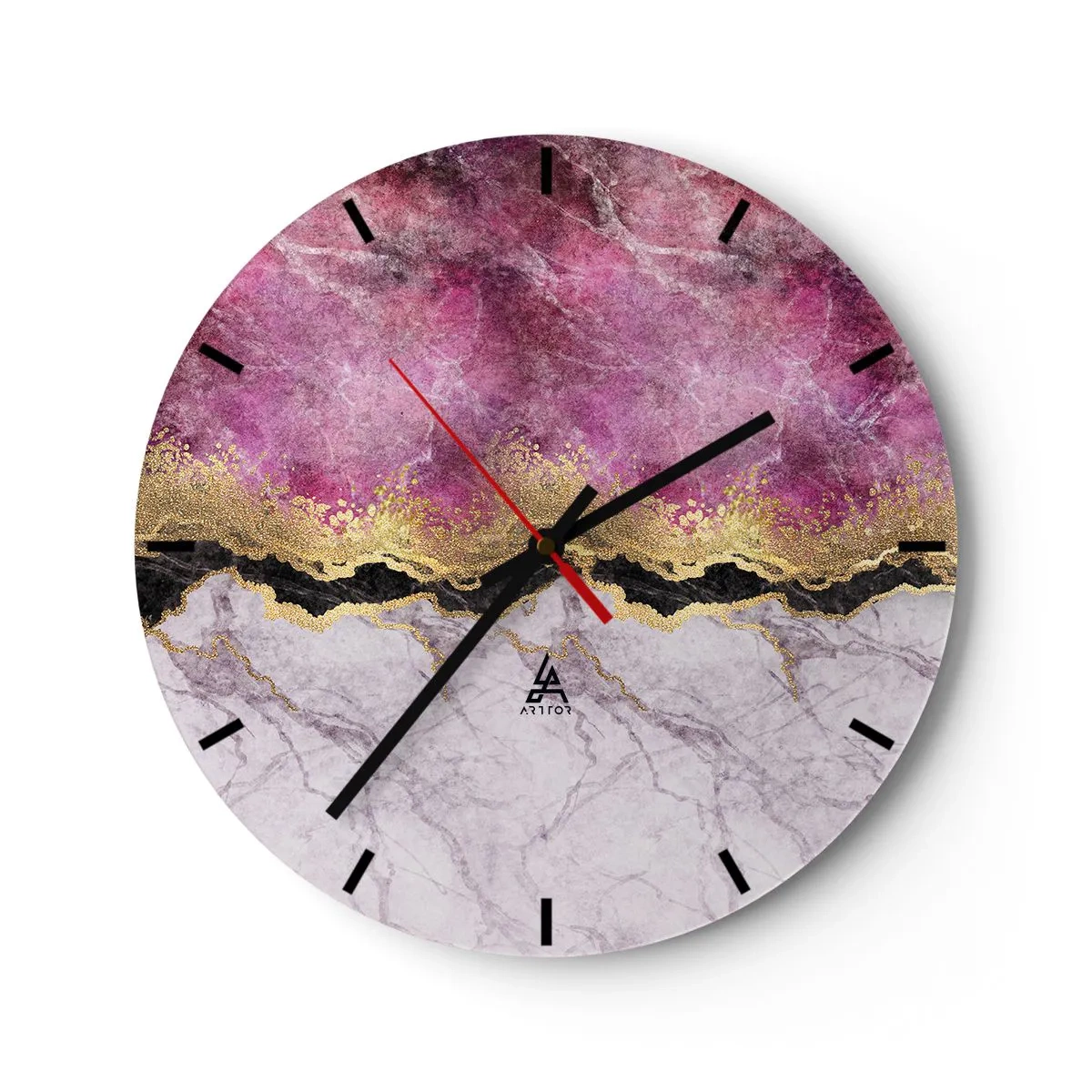 Ceas de perete - Ceas pe sticlă - Balerina sărind cu material roz care flutură - 30x30cm - La graniță - Decorațiune modernă pentru perete pentru living, bucătărie și dormitor ARTTOR