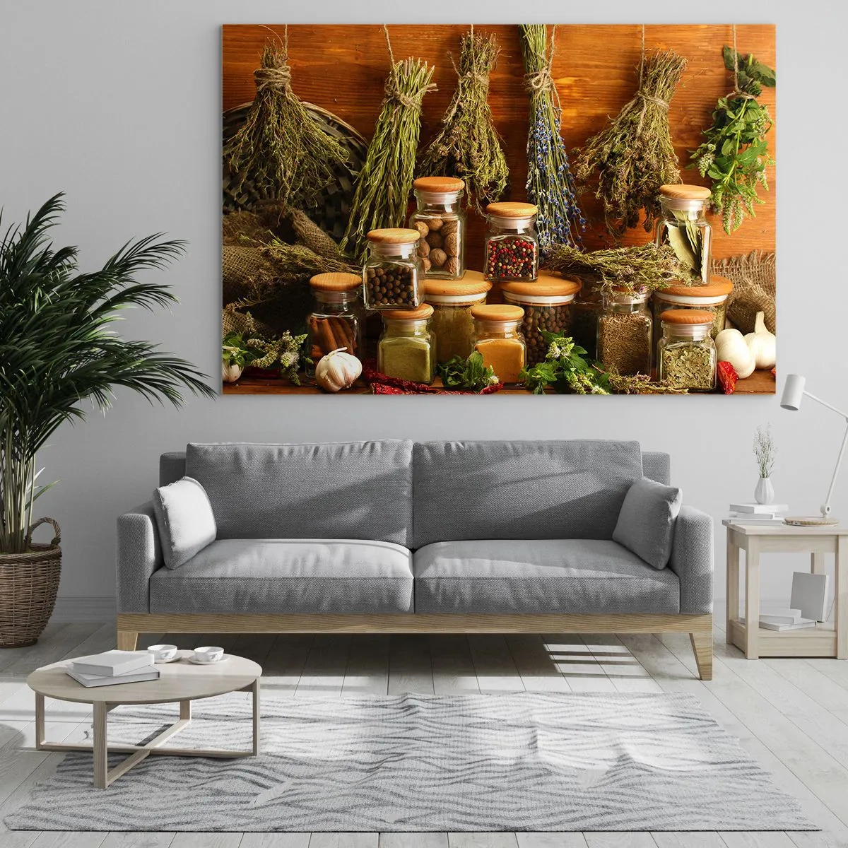 Tablou pe sticlă - Ierburi și condimente în borcane pe fundal de lemn - 70x50cm - Vrăjitorie de bucătărie - Decorațiune modernă pentru perete pentru living și dormitor ARTTOR