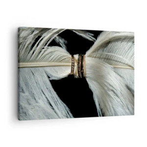 Tablou pe pânză Canvas - O pană albă cu două inele de aur pe un fundal negru - 70x50cm - ...și nu te voi părăsi.. - Decorațiune modernă pentru perete pentru living și dormitor ARTTOR