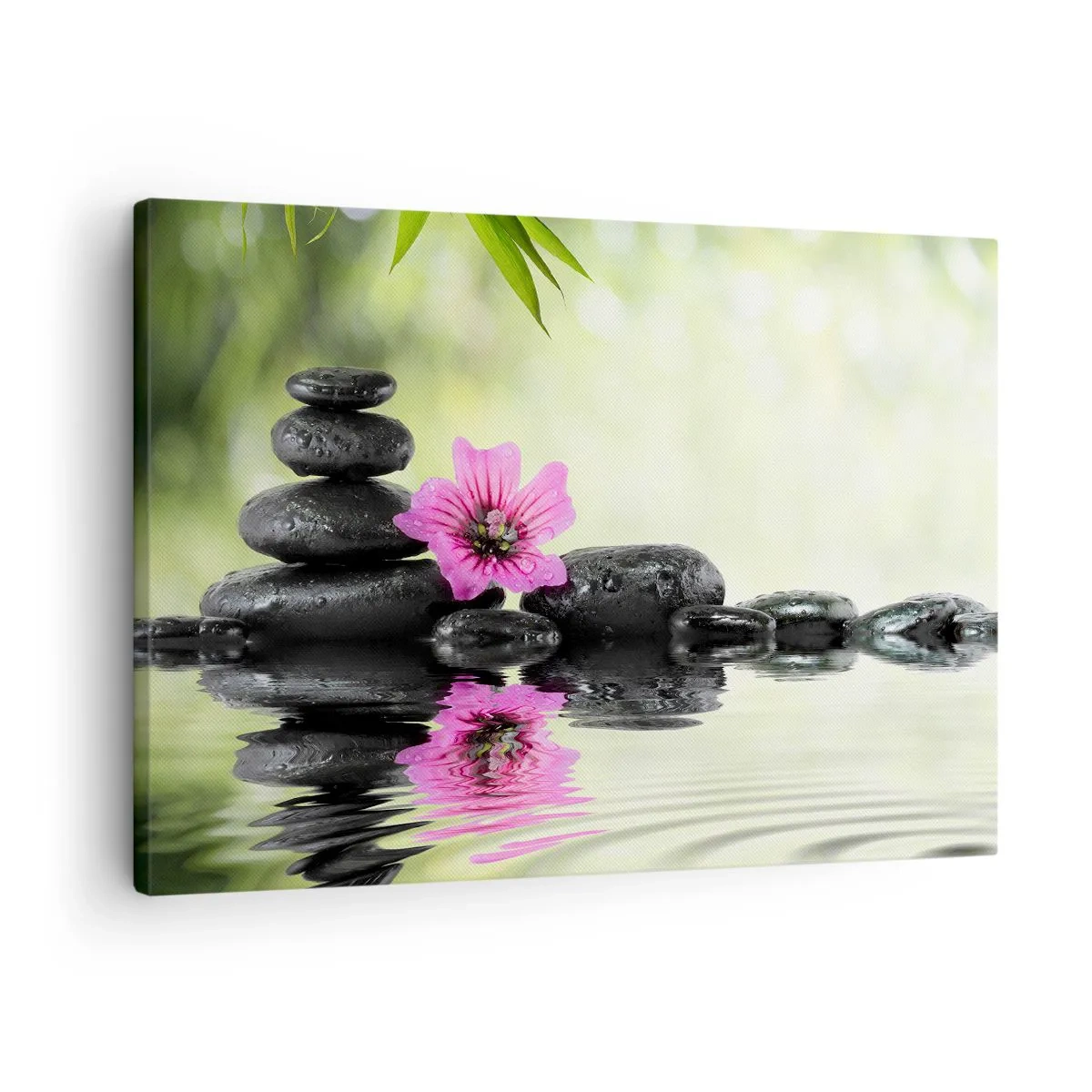 Tablou pe pânză Canvas - Pietre Zen și o floare roz reflectată în apă - 70x50cm - Timp pentru suflet - Decorațiune modernă pentru perete pentru living și dormitor ARTTOR