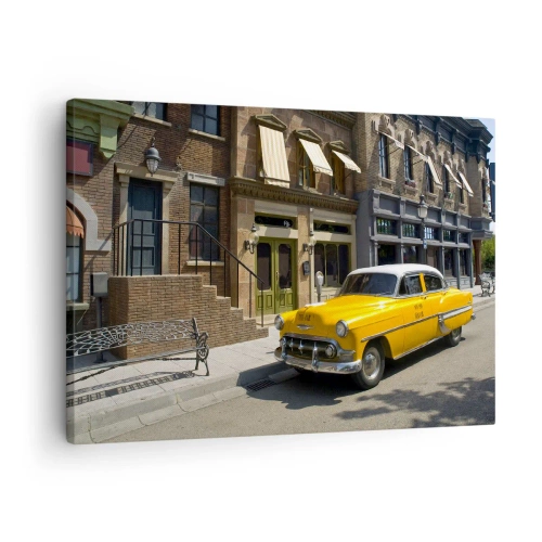 Tablou pe pânză Canvas - Un taxi galben pe o stradă mărginită de case de locuit - 70x50cm - A fost odată ca niciodată în America - Decorațiune modernă pentru perete pentru living și dormitor ARTTOR