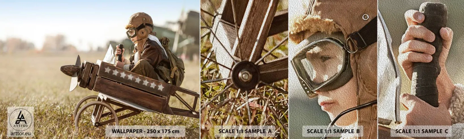 Mostră tapet Premium Sand - Porniți spre vis - Băiat, Avion, Epocă - 100x30 cm