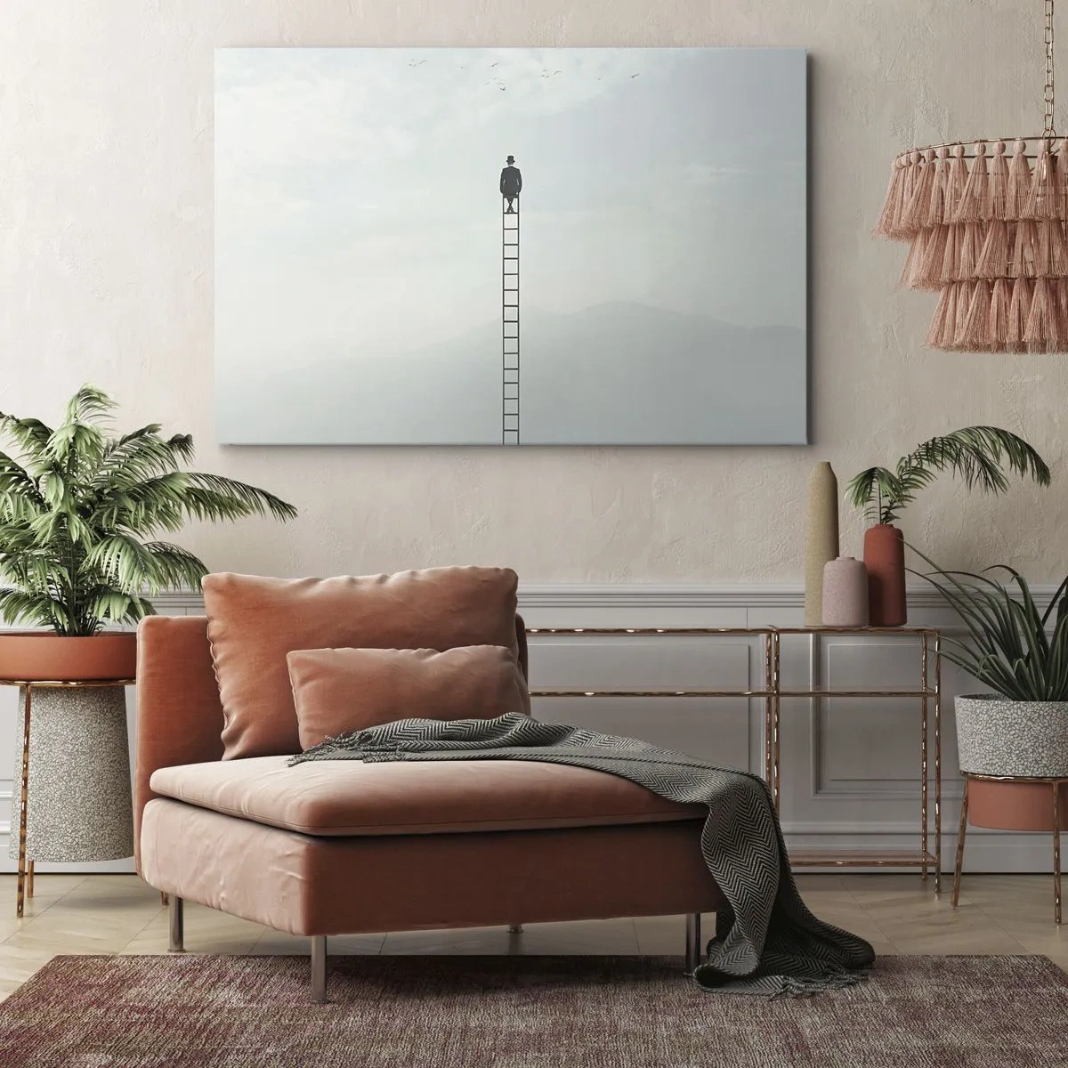 Tablou pe pânză Canvas - Un bărbat pe o scară care se ridică spre cer - 70x50cm - Fii deasupra - Decorațiune modernă pentru perete pentru living și dormitor ARTTOR