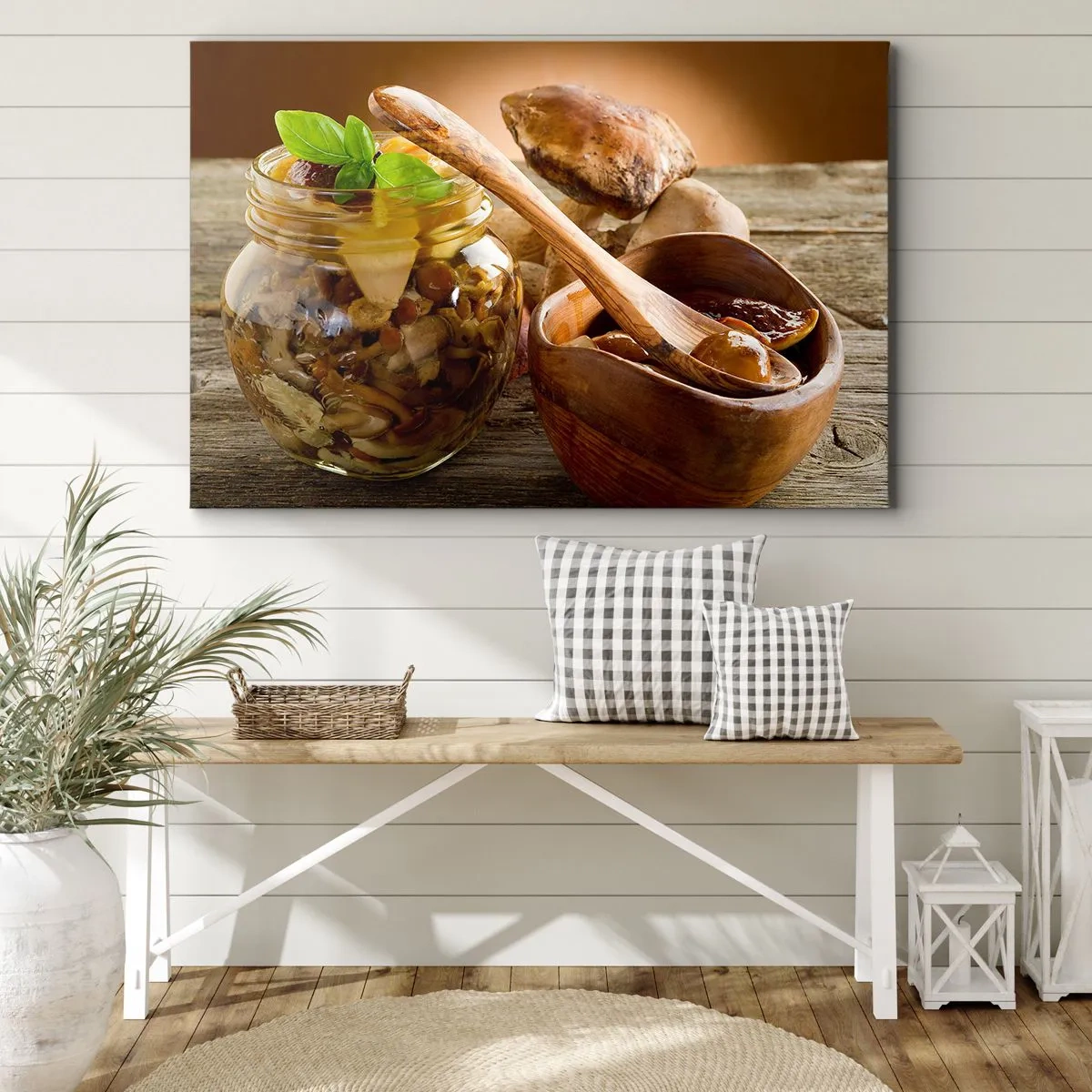 Tablou pe pânză Canvas - Ciuperci naturale într-un borcan pe o masă rustică - 70x50cm - Fie proaspete, fie sărate.... - Decorațiune modernă pentru perete pentru living și dormitor ARTTOR