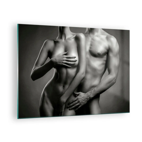 Tablou pe sticlă - Compoziție alb-negru cu siluete goale ale unui cuplu - 70x50cm - Adam și Eva - Decorațiune modernă pentru perete pentru living și dormitor ARTTOR