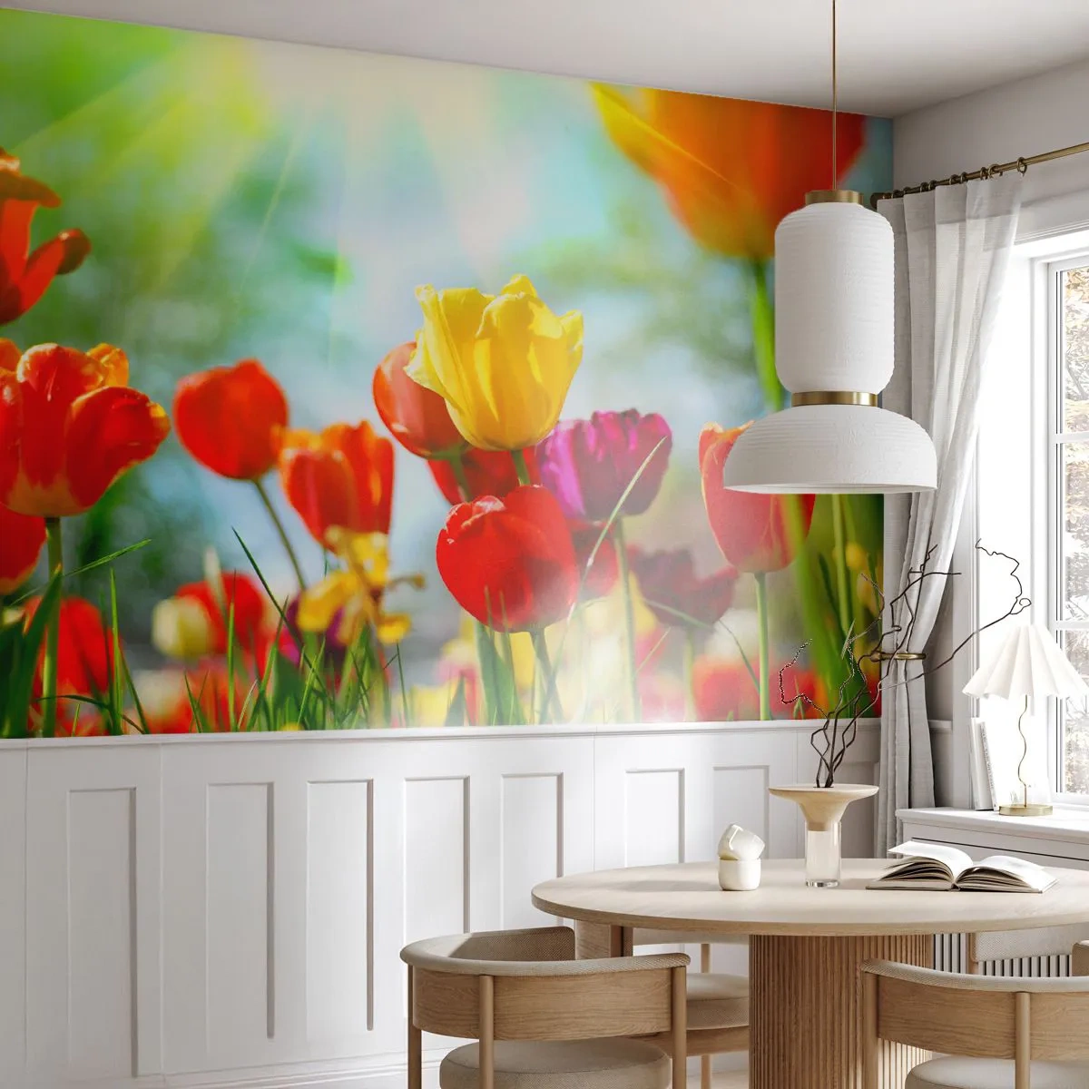 Tapet Standard Eco - Lalele colorate în razele soarelui de primăvară - 100x70cm - Toate culorile soarelui - Decorațiune modernă pentru perete pentru living și dormitor ARTTOR