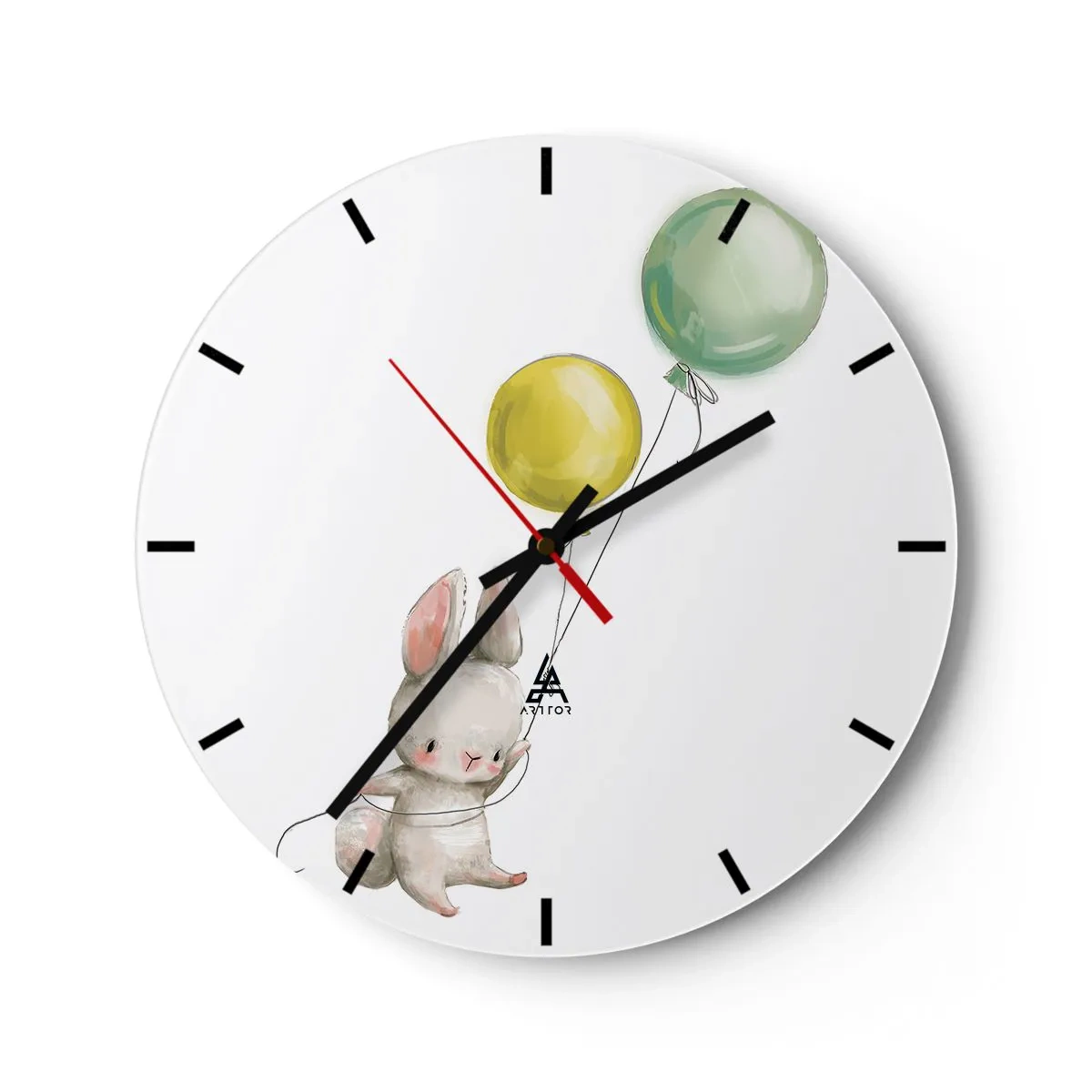 Ceas de perete - Ceas pe sticlă - Un iepuraș care ține un balon verde și galben plutind în aer - 30x30cm - Voi zbura și eu! - Decorațiune modernă pentru perete pentru living, bucătărie și dormitor ARTTOR