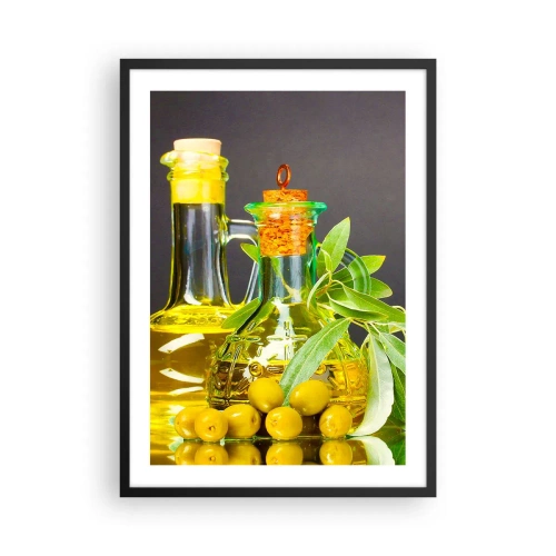 Poster în ramă neagră - Sticle de ulei de măsline și măsline verzi - 50x70cm - Natură moarte cu măsline și ulei - Decorațiune modernă pentru perete pentru living și dormitor ARTTOR