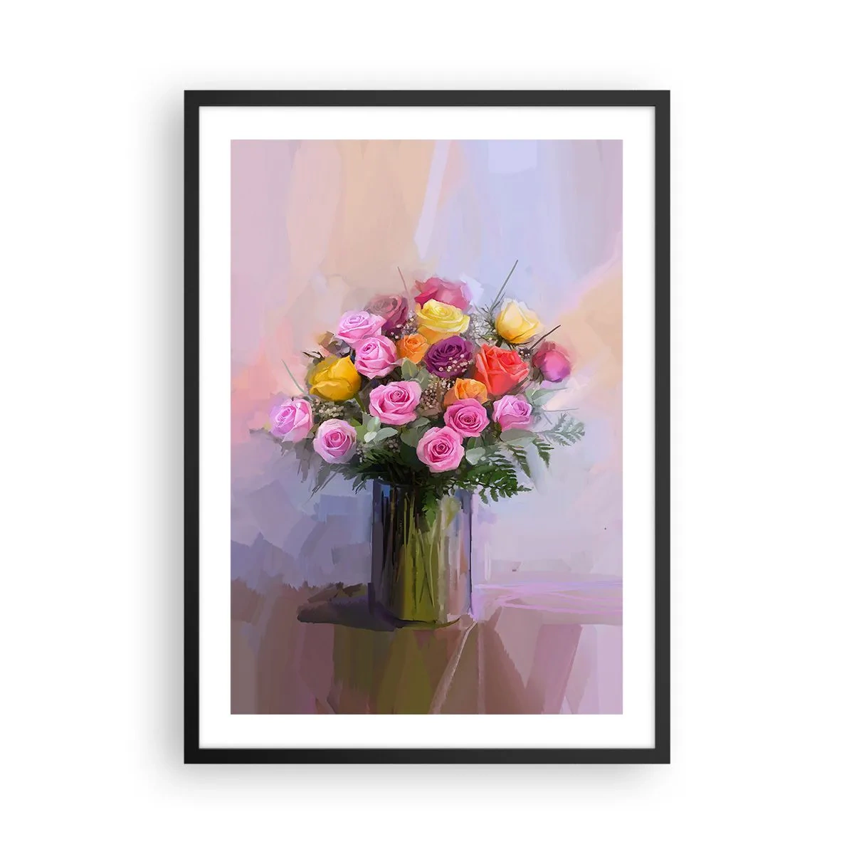 Poster în ramă neagră - Un buchet de trandafiri și flori într-o vază de sticlă - 50x70cm - Frumusețe reținută - Decorațiune modernă pentru perete pentru living și dormitor ARTTOR
