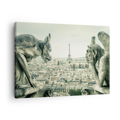 Tablou pe pânză Canvas - Garguie cu vedere la orizontul Parisului și la Turnul Eiffel - 70x50cm - La taclale pariziene - Decorațiune modernă pentru perete pentru living și dormitor ARTTOR