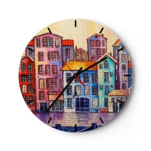 Ceas de perete - Ceas pe sticlă - Case de locuit colorate reflectate în apă în stil impresionist - 30x30cm - Un oraș ca în basm - Decorațiune modernă pentru perete pentru living, bucătărie și dormitor ARTTOR