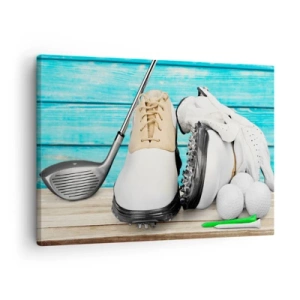 Tablou pe pânză Canvas - Un set de accesorii de golf pe un fundal de lemn - 70x50cm - Totul este gata - Decorațiune modernă pentru perete pentru living și dormitor ARTTOR