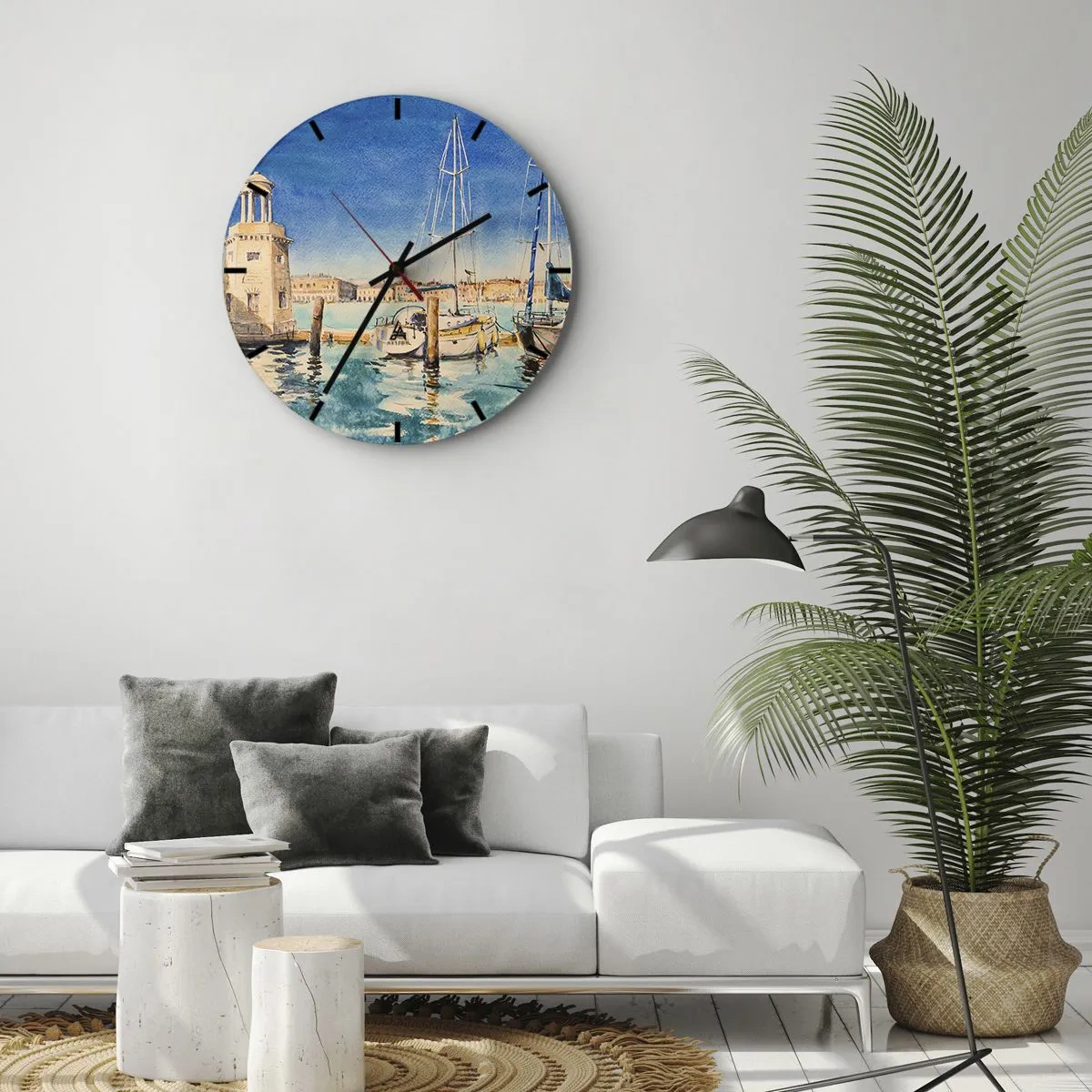 Ceas de perete - Ceas pe sticlă - Vedere a portului cu iahturi într-o zi însorită - 30x30cm - Laguna însorită - Decorațiune modernă pentru perete pentru living, bucătărie și dormitor ARTTOR