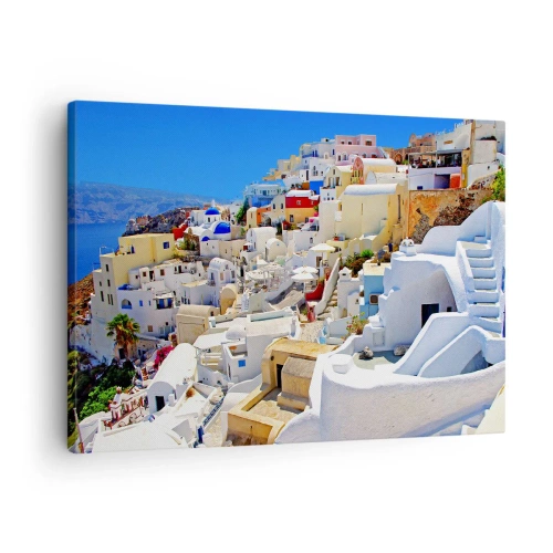 Tablou pe pânză Canvas - Panoramă a orașului Santorini cu case albe și cer albastru - 70x50cm - Visând la o vară grecească - Decorațiune modernă pentru perete pentru living și dormitor ARTTOR