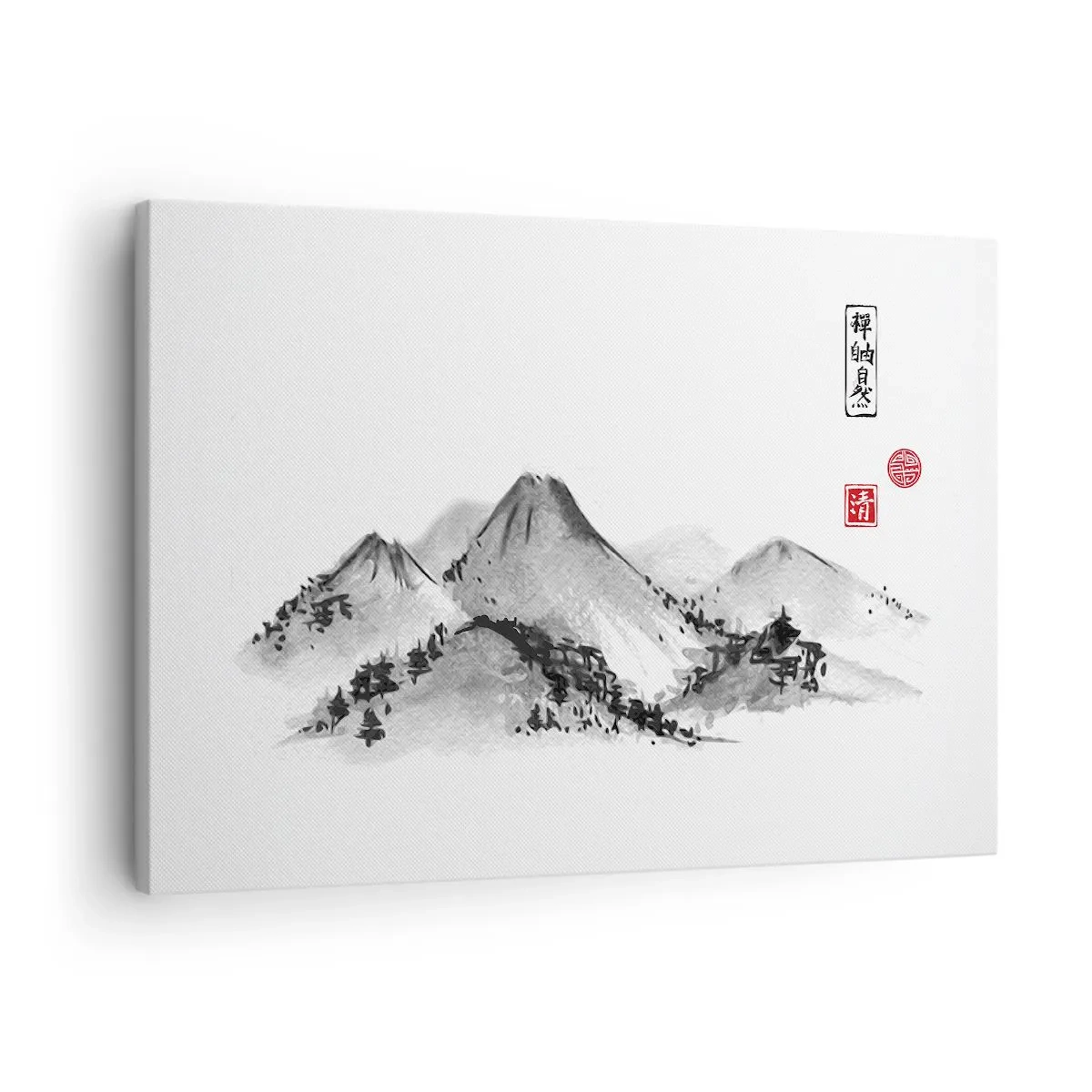 Tablou pe pânză Canvas - Peisaj montan tradițional în stilul picturii japoneze cu cerneală - 70x50cm - Dincolo de dealuri - Decorațiune modernă pentru perete pentru living și dormitor ARTTOR