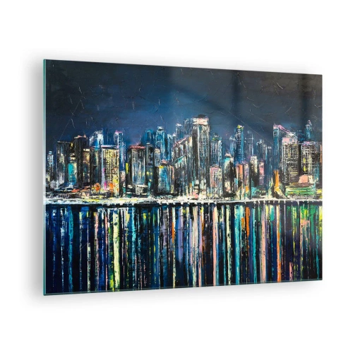 Tablou pe sticlă - Panoramă a orașului noaptea, cu luminile reflectate în apă - 70x50cm - Cascadă de lumini - Decorațiune modernă pentru perete pentru living și dormitor ARTTOR