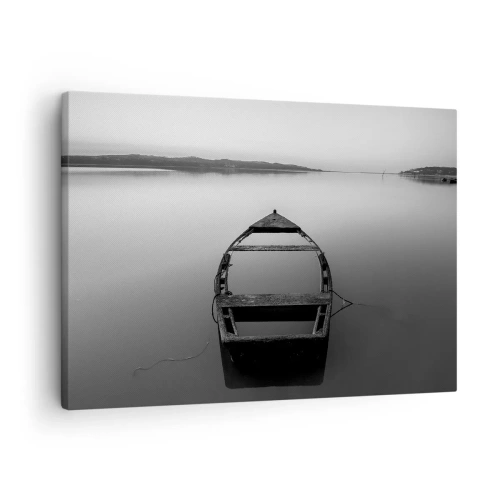 Tablou pe pânză Canvas - O barcă singuratică pe un lac liniștit, în nuanțe de alb și negru - 70x50cm - Dor și melancolie - Decorațiune modernă pentru perete pentru living și dormitor ARTTOR