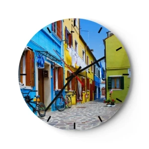 Ceas de perete - Ceas pe sticlă - Case de locuit colorate cu o stradă îngustă pietruită - 30x30cm - La capătul străzii pastelate și dulci - Decorațiune modernă pentru perete pentru living, bucătărie și dormitor ARTTOR