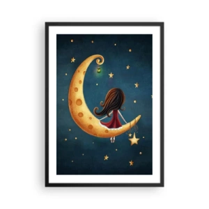 Poster în ramă neagră - O fată pe Lună înconjurată de stele și un felinar - 50x70cm - A fost odată ca niciodată... - Decorațiune modernă pentru perete pentru living și dormitor ARTTOR