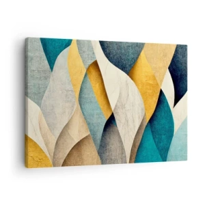 Tablou pe pânză Canvas - Valuri abstracte în nuanțe de albastru și auriu - 70x50cm - Ritm și ondulare - Decorațiune modernă pentru perete pentru living și dormitor ARTTOR