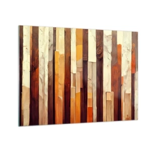 Tablou pe sticlă - O compoziție de dungi verticale în nuanțe de lemn și bej - 70x50cm - Imnul copacilor din pădure - Decorațiune modernă pentru perete pentru living și dormitor ARTTOR