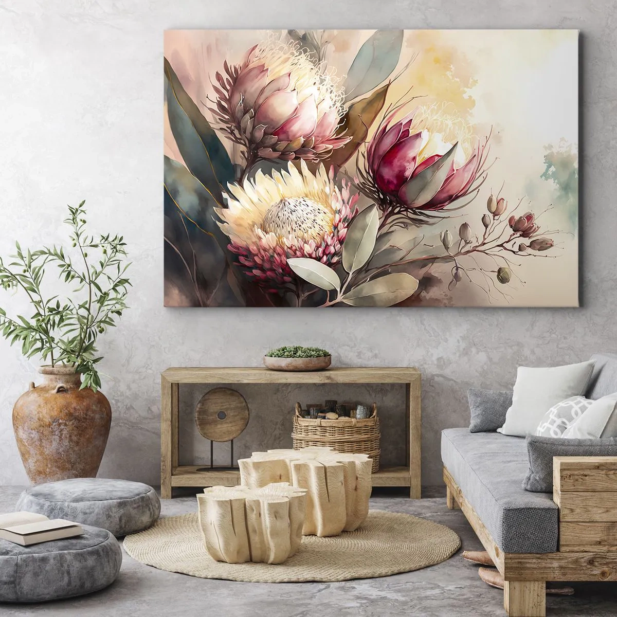 Tablou pe pânză Canvas - Flori de Protea în nuanțe pastelate delicate - 70x50cm - Profil și en face - Decorațiune modernă pentru perete pentru living și dormitor ARTTOR