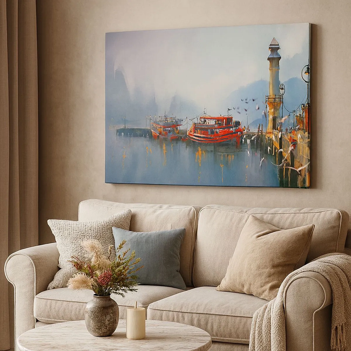 Tablou pe pânză Canvas - Un port cu bărci roșii înconjurat de un peisaj cețos - 70x50cm - La capătul lumii - Decorațiune modernă pentru perete pentru living și dormitor ARTTOR