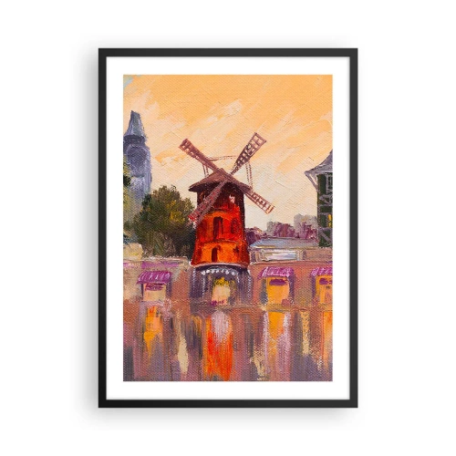 Poster în ramă neagră - O interpretare picturală a celebrei mori de vânt pe fundalul orașului - 50x70cm - Icoane pariziene - Moulin Rouge - Decorațiune modernă pentru perete pentru living și dormitor ARTTOR