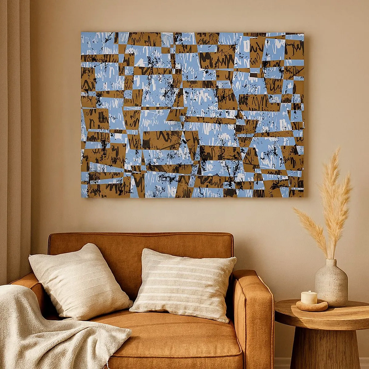 Tablou pe pânză Canvas - O compoziție abstractă de dreptunghiuri în nuanțe de maro și albastru. - 70x50cm - Decupaj aparte - Decorațiune modernă pentru perete pentru living și dormitor ARTTOR