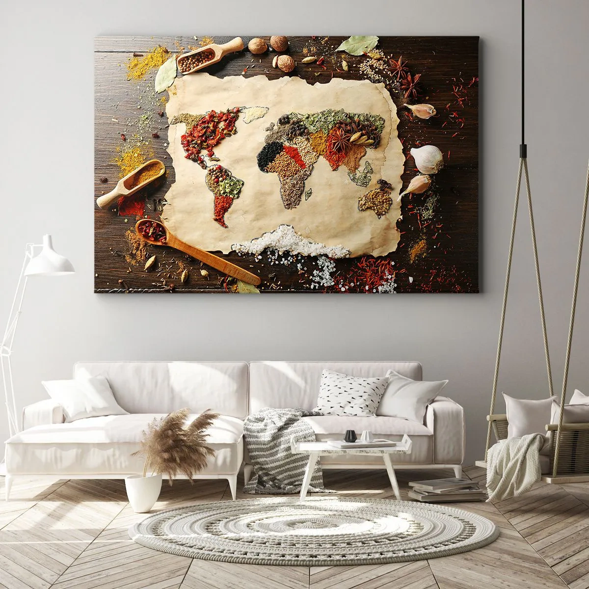 Tablou pe pânză Canvas - O hartă a lumii realizată din condimente pe un fundal de lemn. - 70x50cm - Toate gusturile lumii - Decorațiune modernă pentru perete pentru living și dormitor ARTTOR