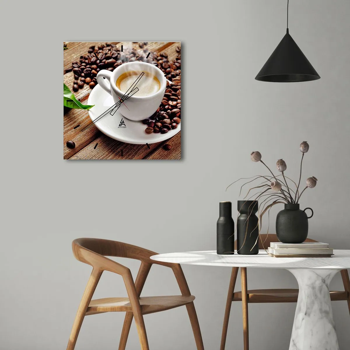 Ceas de perete - Ceas pe sticlă - Cafea pe bancă - 40x40 cm
