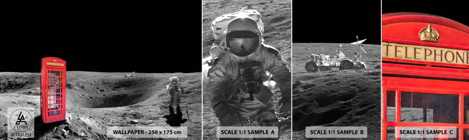 Mostră de Tapet Standard Eco - Glumă cosmică - Abstracția, Luna, Astronaut - 100x30 cm