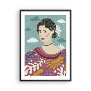 Poster în ramă neagră - Portretul unei femei într-o rochie colorată, stilizată, pe un fundal de nori. - 50x70cm - Cu melancolie în privire - Decorațiune modernă pentru perete pentru living și dormitor ARTTOR