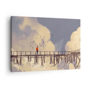 Tablou pe pânză Canvas - O figură pe un pod printre nori cu păsări pe cer - 70x50cm - Dorință albastră - Decorațiune modernă pentru perete pentru living și dormitor ARTTOR