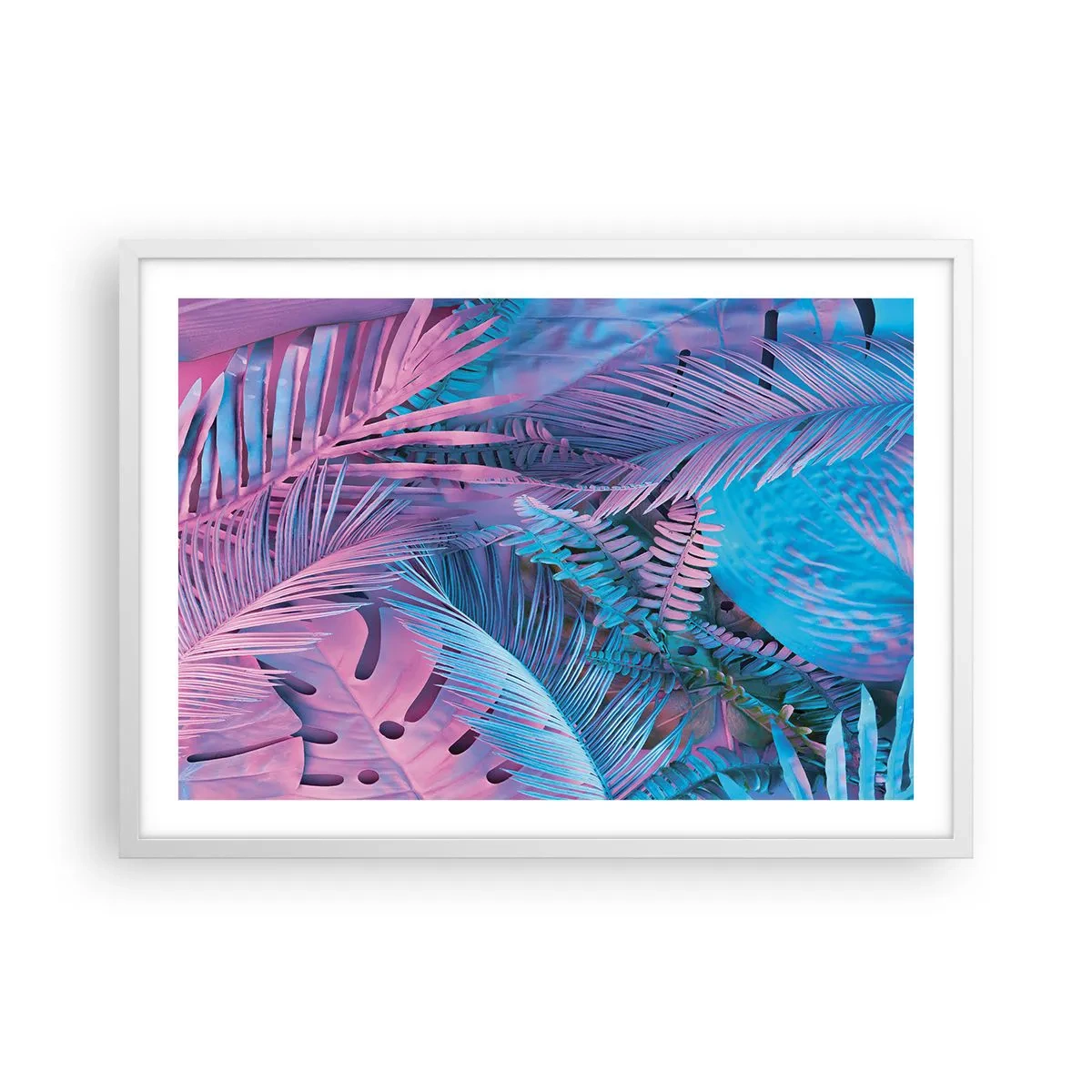 Poster în ramă albă - Palmieri în alb și albastru - 70x50 cm