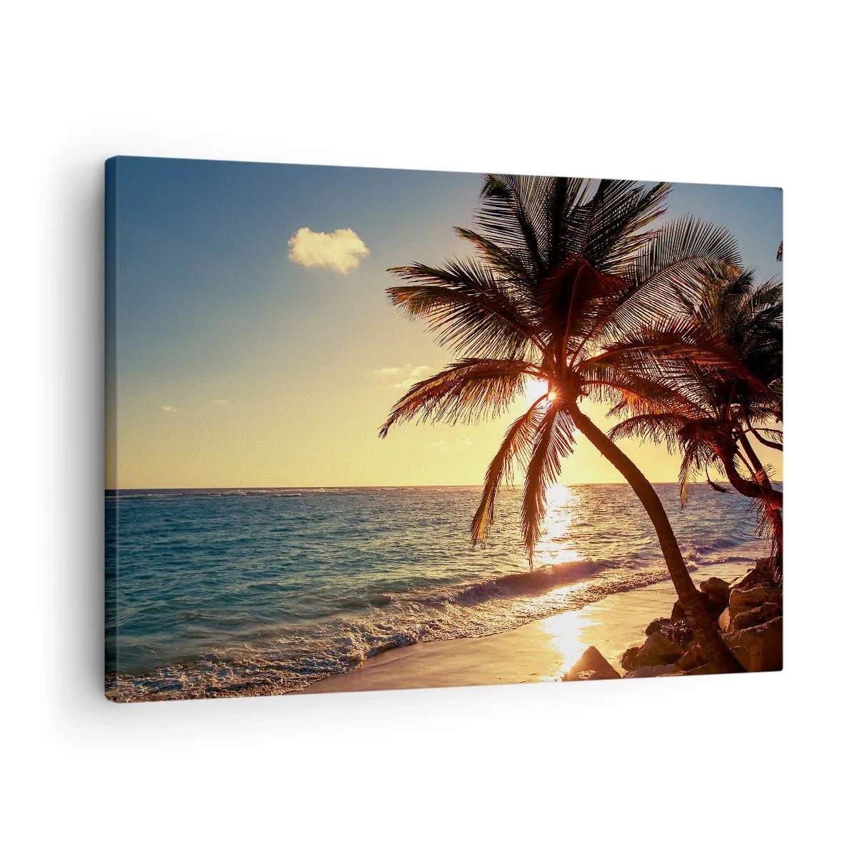 Tablou pe pânză Canvas - Apus de soare tropical peste o plajă cu palmieri - 70x50cm - Vara sub palmieri - Decorațiune modernă pentru perete pentru living și dormitor ARTTOR