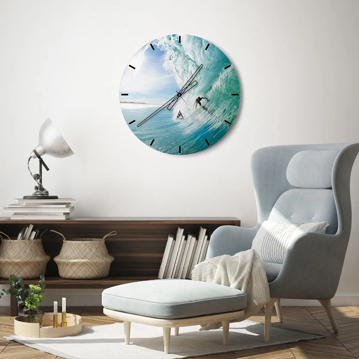 Ceas de perete - Ceas pe sticlă - Surfer într-un tunel de apă pe un cer albastru - 30x30cm - Întotdeauna pe val - Decorațiune modernă pentru perete pentru living, bucătărie și dormitor ARTTOR