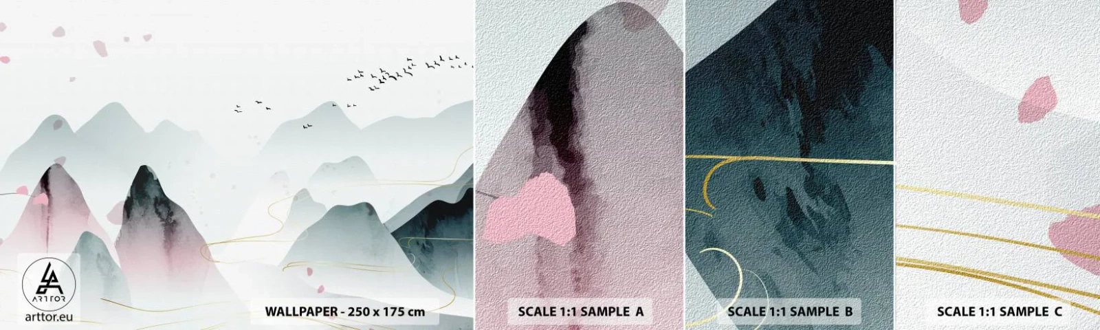 Mostră de Tapet Standard Eco - Peste vârfuri - Peisaj, Păsări, Munţi - 100x30 cm