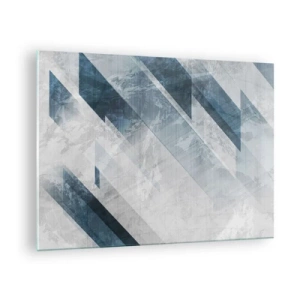 Tablou pe sticlă - Dungi geometrice în nuanțe de gri și bleumarin - 70x50cm - Compoziția spațială - mișcarea griului - Decorațiune modernă pentru perete pentru living și dormitor ARTTOR
