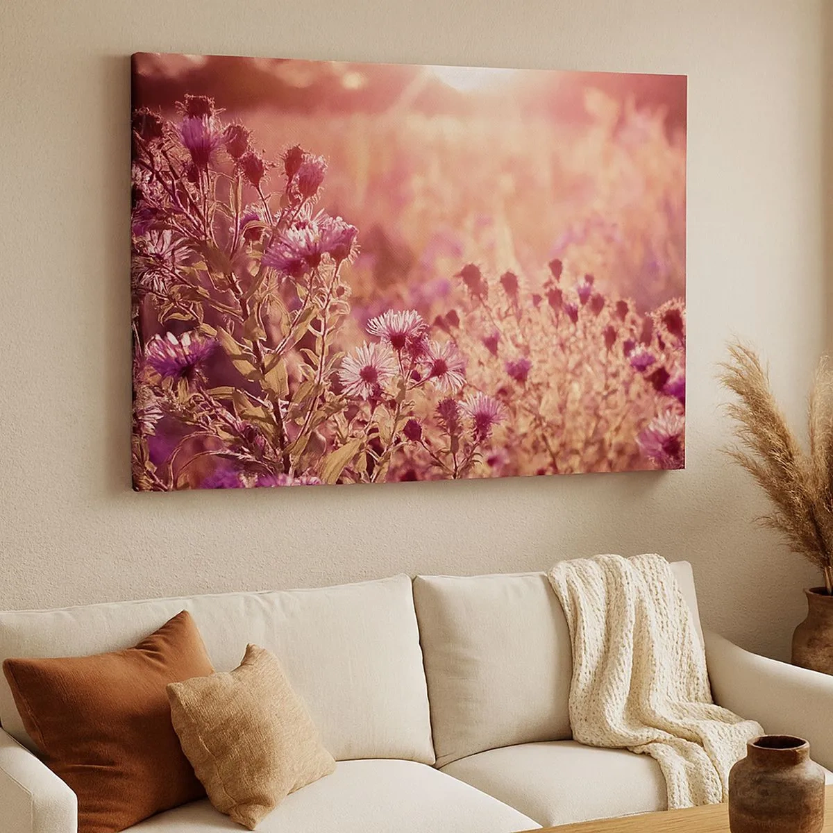 Tablou pe pânză Canvas - Pajiște în lumina soarelui care apune - 70x50cm - Înainte ca vara să plece - Decorațiune modernă pentru perete pentru living și dormitor ARTTOR
