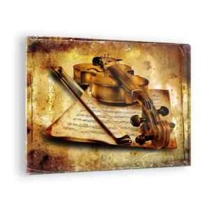 Tablou pe sticlă - Vioară cu partituri pe un fundal vintage - 70x50cm - Virtuozitate necesară imediat - Decorațiune modernă pentru perete pentru living și dormitor ARTTOR