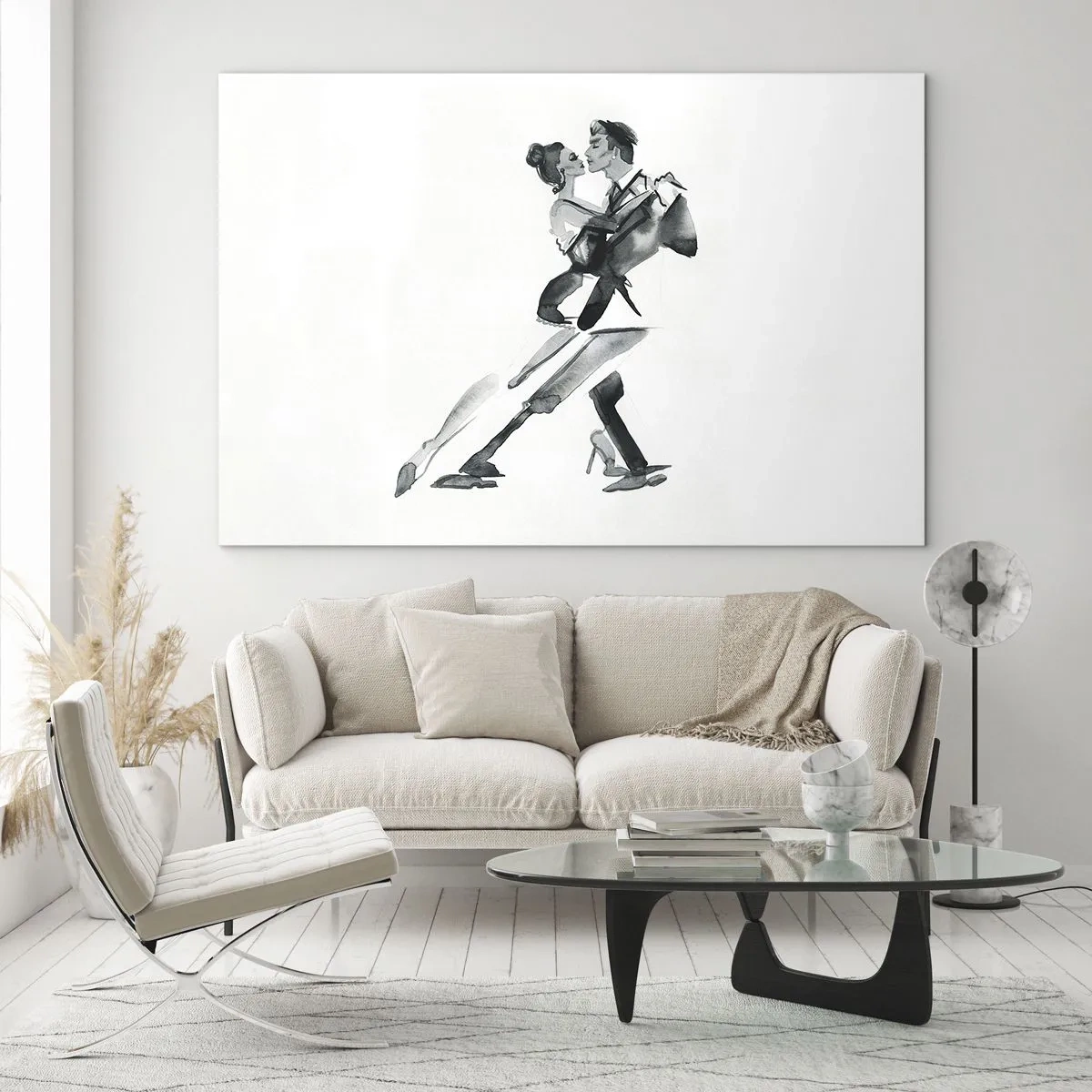 Tablou pe sticlă - Un cuplu dansând tango în acuarelă alb-negru - 70x50cm - Într-un ritm - Decorațiune modernă pentru perete pentru living și dormitor ARTTOR
