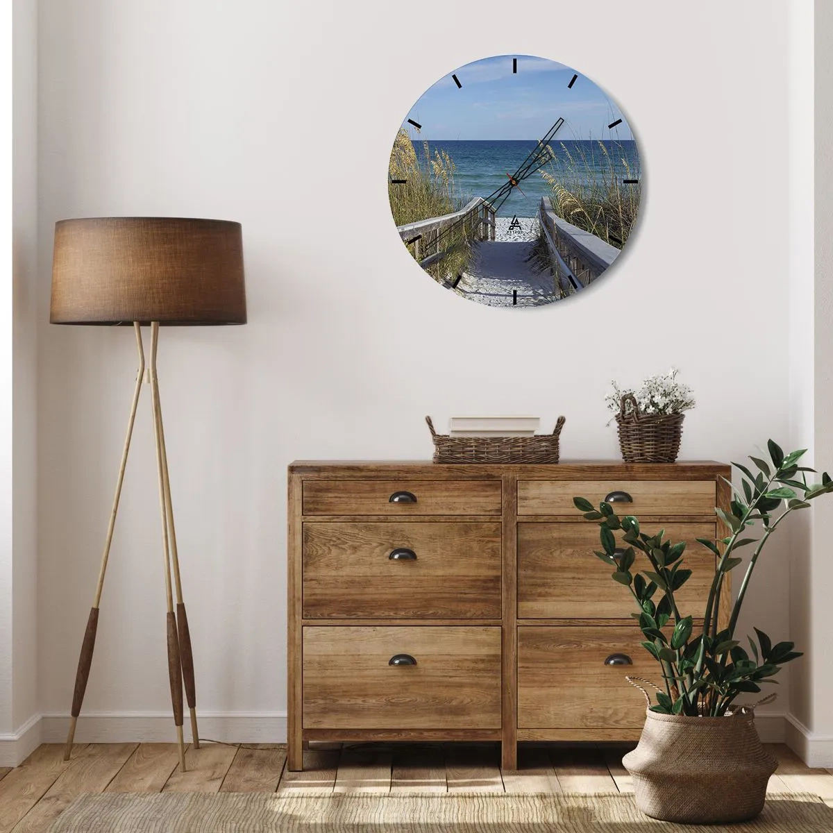 Ceas de perete - Ceas pe sticlă - Intrarea pe plajă cu vedere la mare - 30x30cm - În soare, în vânt - Decorațiune modernă pentru perete pentru living, bucătărie și dormitor ARTTOR