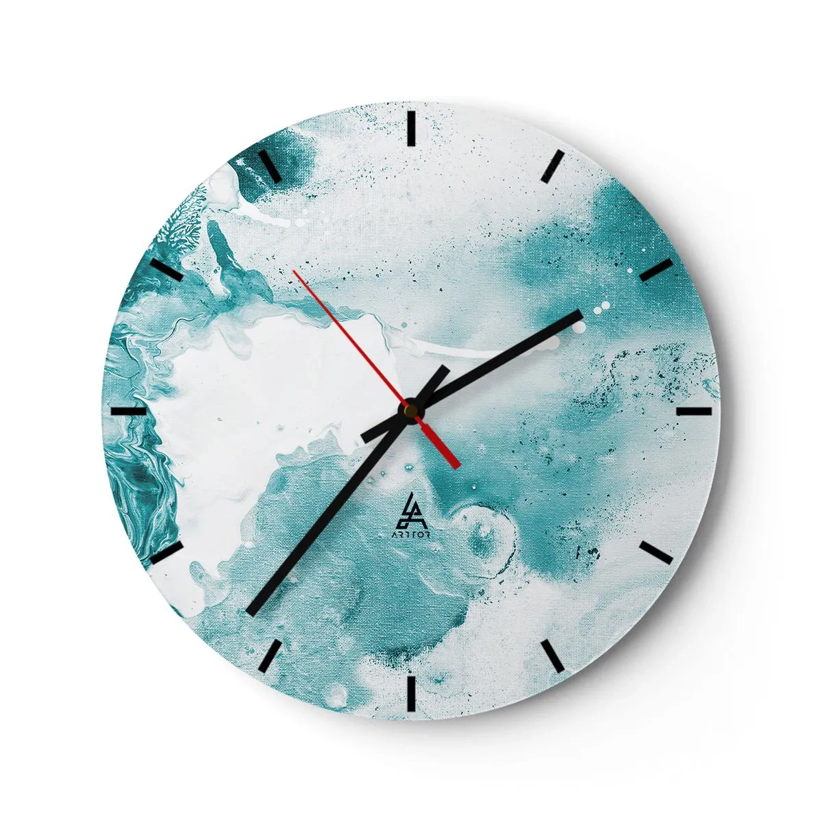 Ceas de perete - Ceas pe sticlă - Compoziție abstractă în nuanțe de turcoaz și alb - 30x30cm - Câmpii inundabile de albastru - Decorațiune modernă pentru perete pentru living, bucătărie și dormitor ARTTOR