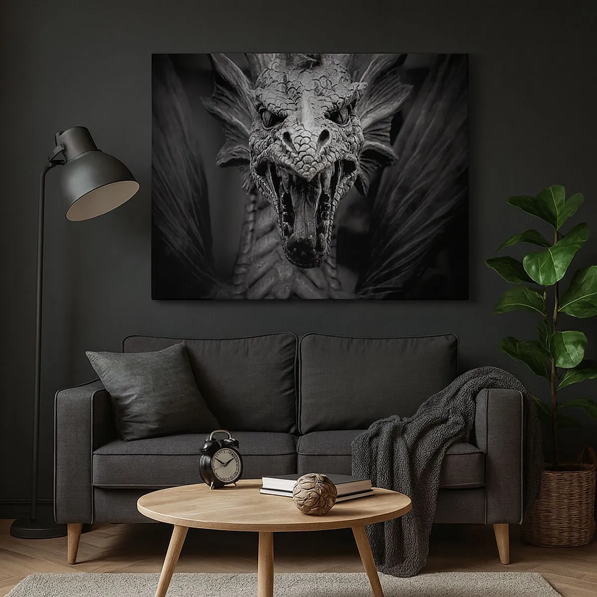 Tablou pe pânză Canvas - Un cap de dragon amenințător în alb și negru, cu detalii expresive. - 70x50cm - Dragon de basm în gri - Decorațiune modernă pentru perete pentru living și dormitor ARTTOR