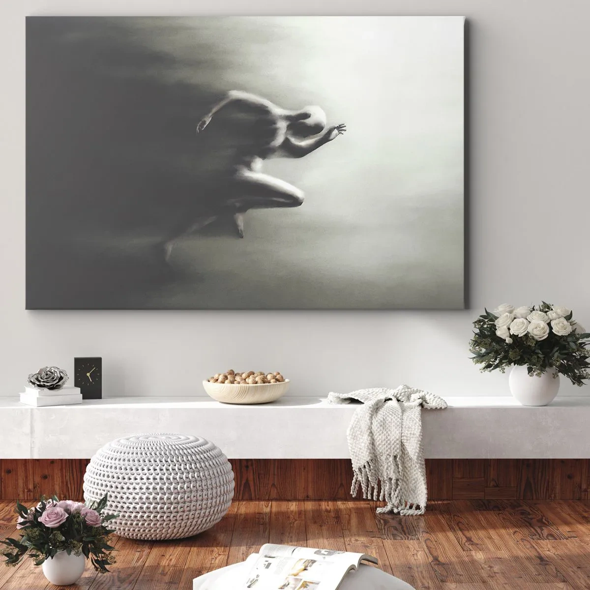Tablou pe pânză Canvas - O siluetă alb-negru a unei figuri care aleargă, într-un stil dinamic și suprarealist. - 70x50cm - De neoprit - Decorațiune modernă pentru perete pentru living și dormitor ARTTOR